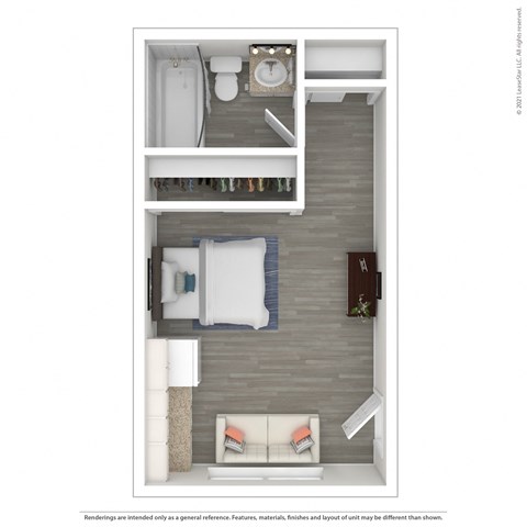 Floor plan for studio, 1 bath, 250 sqft