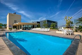 Los Angeles apartment for rent - A swimming pool with sun loungers and a building in the background.