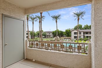 A view of the pool from a balcony at the preserve at great pond apartments in windsor