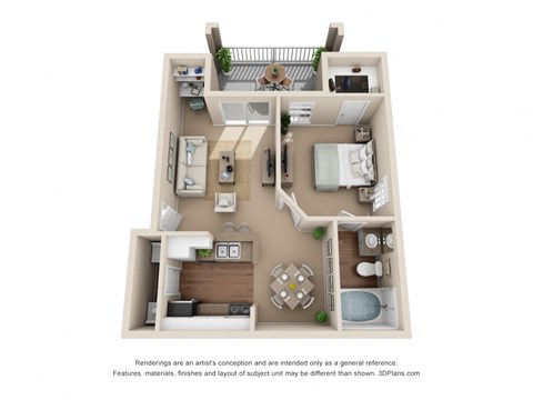 Floor plan for 1 bed, 1 bath, 648 sqft