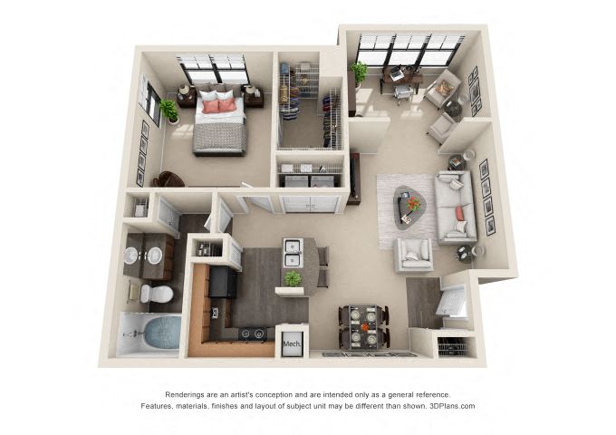 Floor plan for 1 bed, 1 bath, 835 sqft