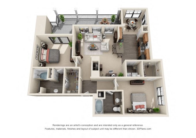 Floor plan for 2 beds, 2 baths, 1244 sqft