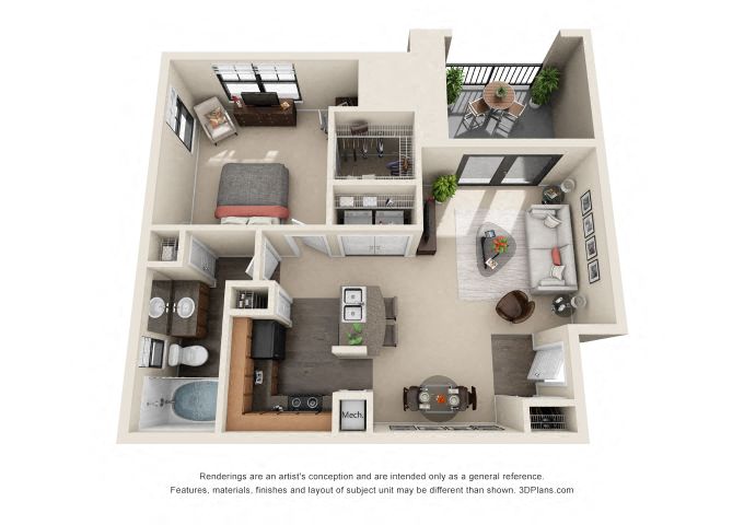 Floor plan for 1 bed, 1 bath, 717 sqft