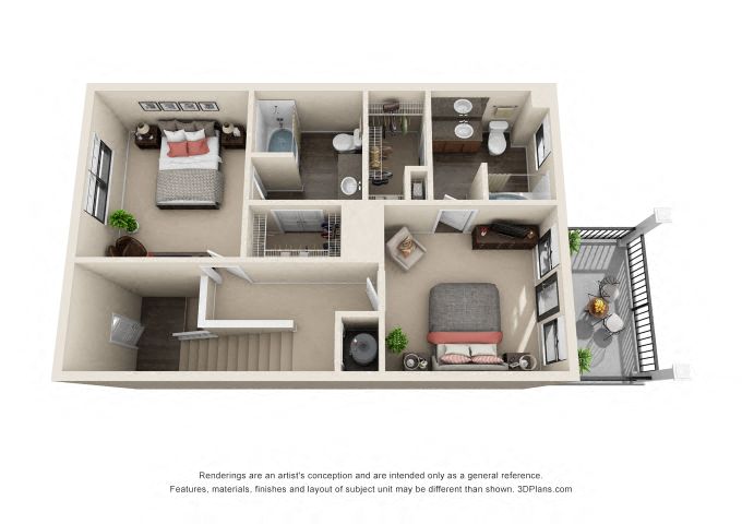 Floor plan for 2 beds, 2.5 baths, 1326 sqft