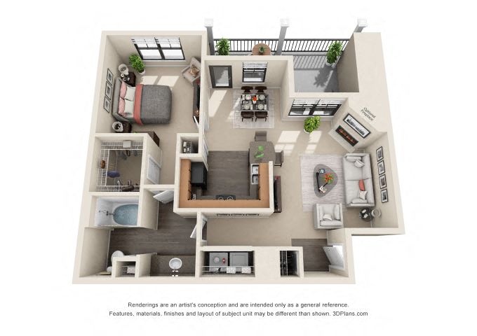 Floor plan for 1 bed, 1 bath, 839 sqft