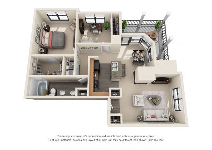 Floor plan for 1 bed, 1 bath, 994 sqft