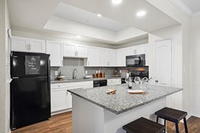 Plano apartment for rent - a kitchen with a granite counter top and a black refrigerator at La Ventura Apartments, Plano, Texas