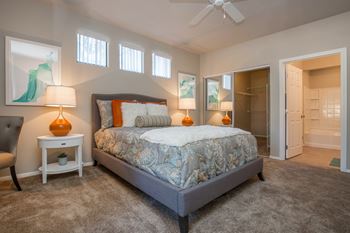 A bedroom with a bed and a closet and a ceiling fan