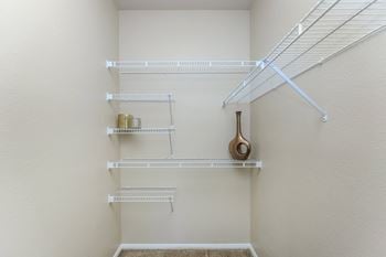 An empty closet with shelves and a guitar on the wall