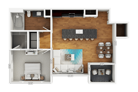 Floor plan for 1 bed, 1 bath, 715 sqft