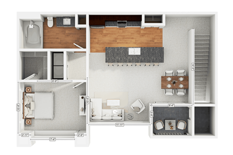 Floor plan for 1 bed, 1 bath, 799 sqft