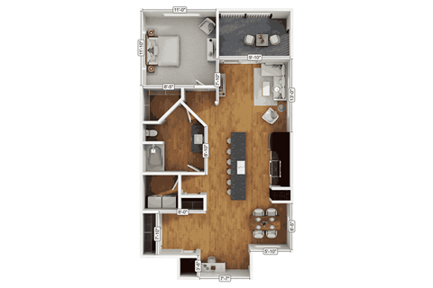 Floor plan for 1 bed, 1 bath, 862 sqft
