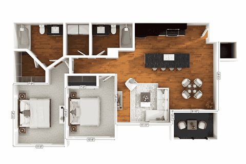 Floor plan for 2 beds, 2 baths, 959 sqft