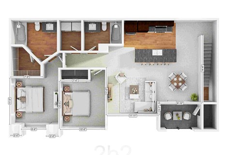 Floor plan for 2 beds, 2 baths, 1036 sqft