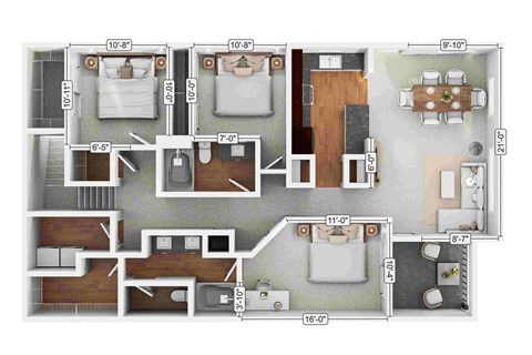 Floor plan for 3 beds, 2 baths, 1321 sqft