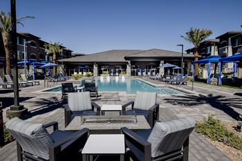 Poolside seating with firepit