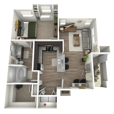 Floor plan for 1 bed, 1 bath, 751 sqft