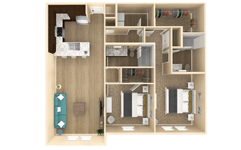 Floor plan for 2 beds, 2 baths, 1186 sqft