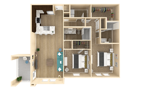 Floor plan for 2 beds, 2 baths, 1186 sqft