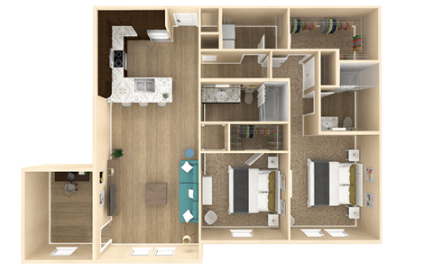 Floor plan for 2 beds, 2 baths, 1298 sqft