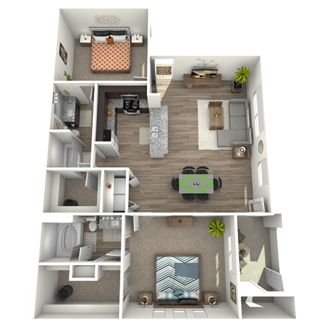Floor plan for 2 beds, 2 baths, 1175 sqft