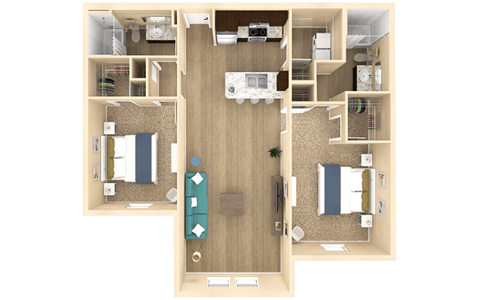 Floor plan for 2 beds, 2 baths, 1129 sqft