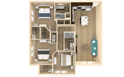 Floor plan for 3 beds, 2 baths, 1332 sqft