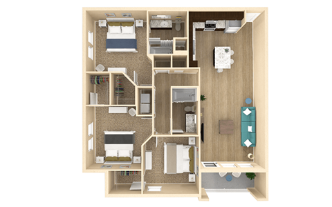 Floor plan for 3 beds, 2 baths, 1332 sqft