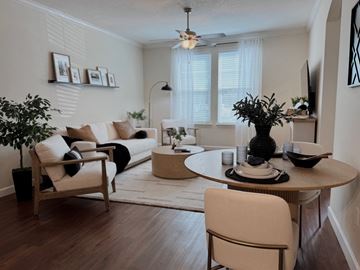 Zephyrhills apartment for rent - A living room with a white couch, a wooden chair, a round table with a vase on it, and a potted plant.