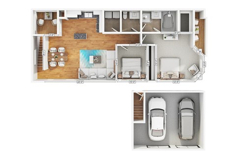 Floor plan for 2 beds, 1 bath, 981 sqft