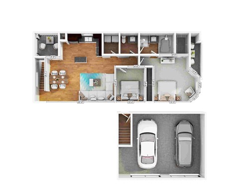 Floor plan for 2 beds, 1 bath, 981 sqft
