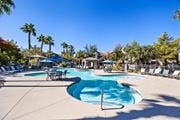 Henderson apartment for rent - A large swimming pool surrounded by palm trees and lounge chairs.at The Equestrian by Picerne, Henderson, 89052