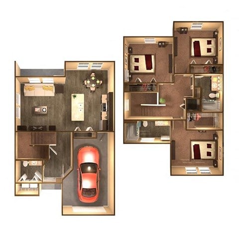 Floor plan for 3 beds, 2.5 baths, 1507 sqft