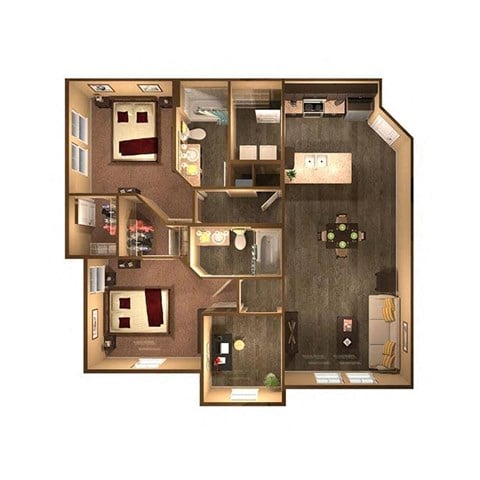 Floor plan for 2 beds, 2 baths, 1177 sqft