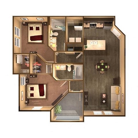 Floor plan for 2 beds, 2 baths, 1099 sqft
