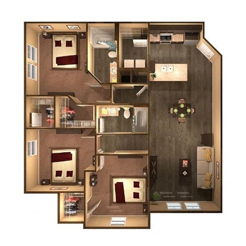 Floor plan for 3 beds, 2 baths, 1356 sqft