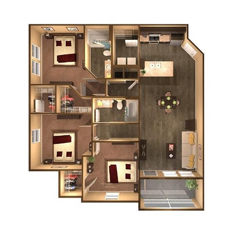 Floor plan for 3 beds, 2 baths, 1292 sqft
