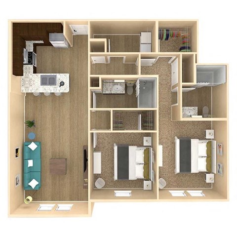 Floor plan for 2 beds, 2 baths, 1138 sqft