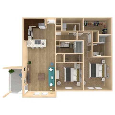 Floor plan for 2 beds, 2 baths, 1178 sqft
