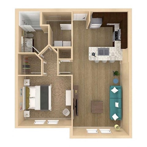 Floor plan for 1 bed, 1 bath, 772 sqft