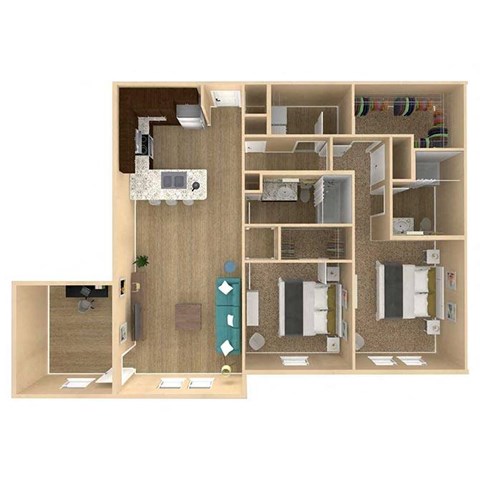 Floor plan for 2 beds, 2 baths, 1302 sqft