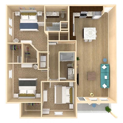 Floor plan for 3 beds, 2 baths, 1332 sqft