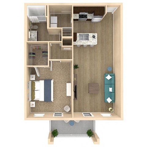 Floor plan for 1 bed, 1 bath, 868 sqft