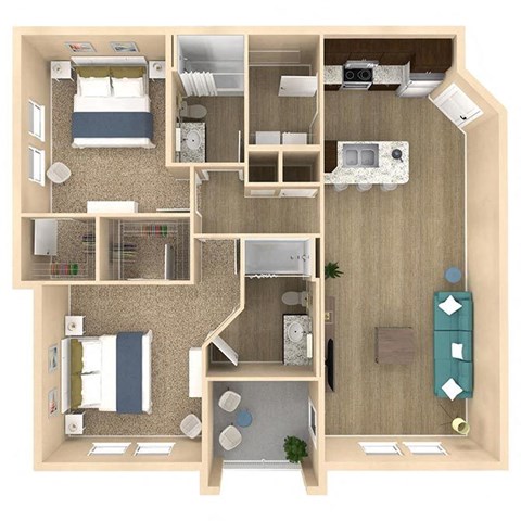 Floor plan for 2 beds, 2 baths, 1133 sqft