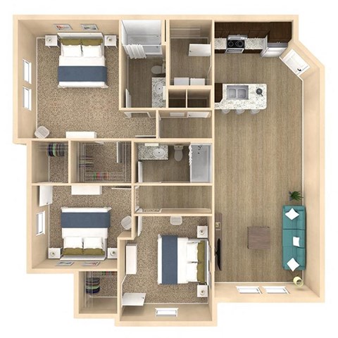 Floor plan for 3 beds, 2 baths, 1386 sqft