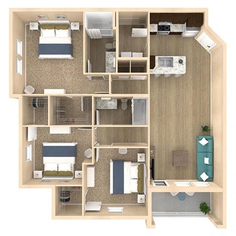 Floor plan for 3 beds, 2 baths, 1333 sqft