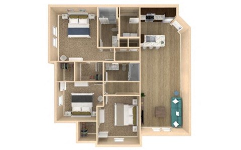 Floor plan for 3 beds, 2 baths, 1385 sqft