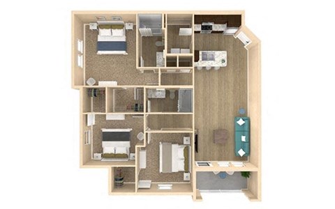 Floor plan for 3 beds, 2 baths, 1333 sqft