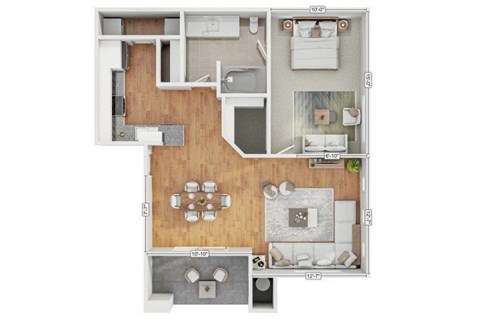 Floor plan for 1 bed, 1 bath, 691 sqft