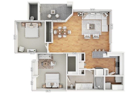 Floor plan for 2 beds, 1 bath, 951 sqft
